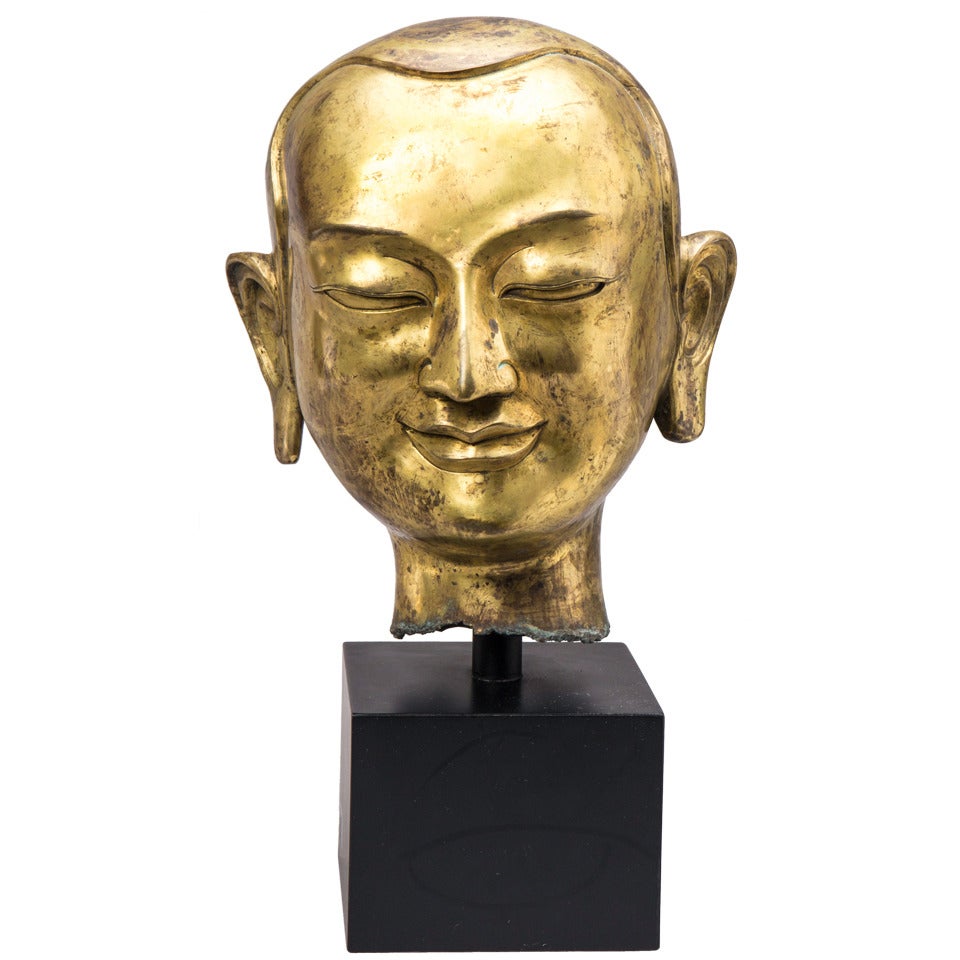19th Century Gilt Bronze Head of Tibetan Lama