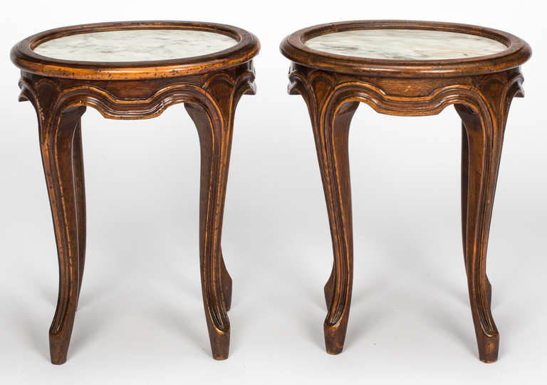 French Marble Top Walnut Cocktail Tables-Pair In Excellent Condition In Summerland, CA