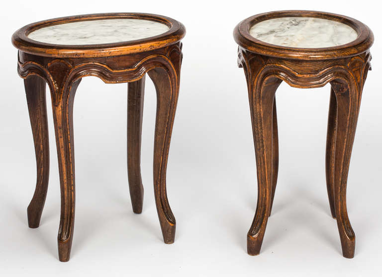 Mid-20th Century French Marble Top Walnut Cocktail Tables-Pair