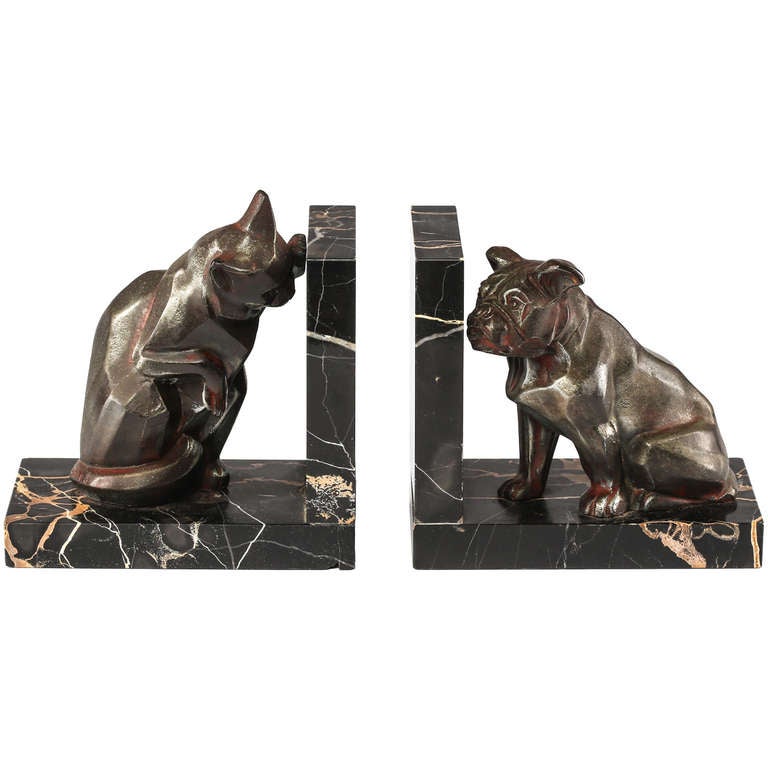 Art Deco Dog and Cat Bookends signed I. Rochard at 1stDibs