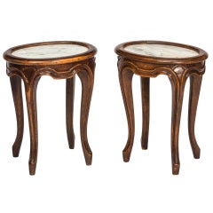 Vintage French Marble Top Walnut Cocktail Tables-Pair