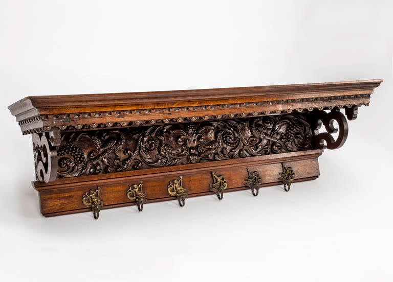 19th Century English, Carved Wall Hat and Coat Rack In Excellent Condition In Summerland, CA