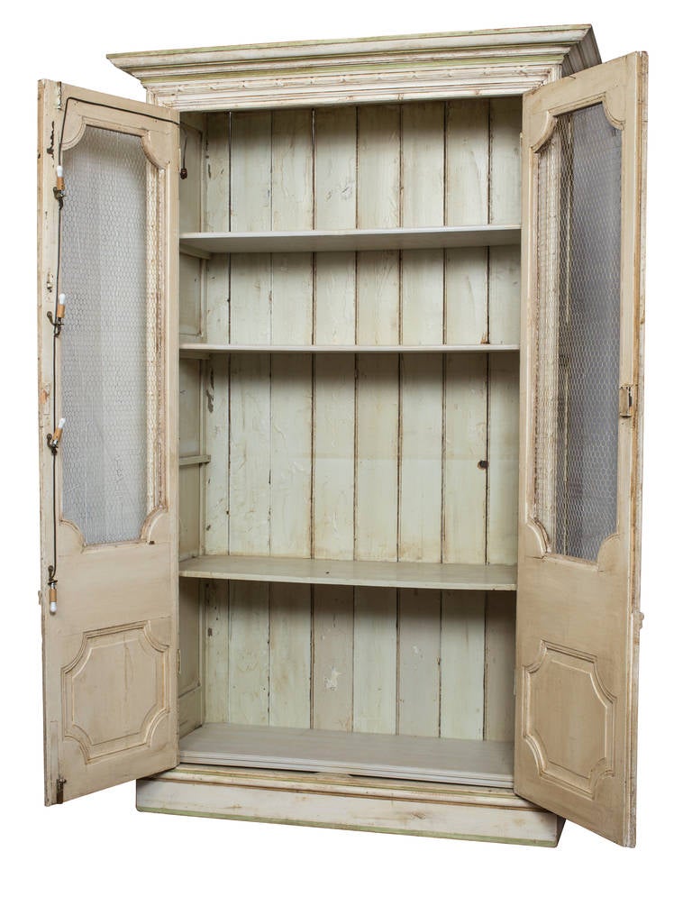 1930s, Tall charming painted cabinet with floral garland panels and chicken wire doors.
Great for display of collections or library of books. Electrical interior lighting.