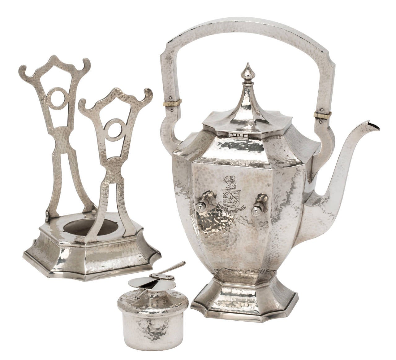 All hand-wrought, hand-hammered sterling silver spirit kettle.
Marked International sterling bsc 2600 H /8. All parts are sterling. Kettle, stand and heating bowl with strainer.
49 regular oz.