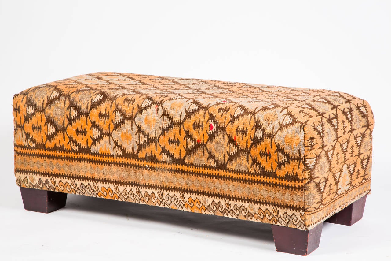 Large decorative rectangular ottoman upholstered in Kilim rug.
Can be used as a coffee table.