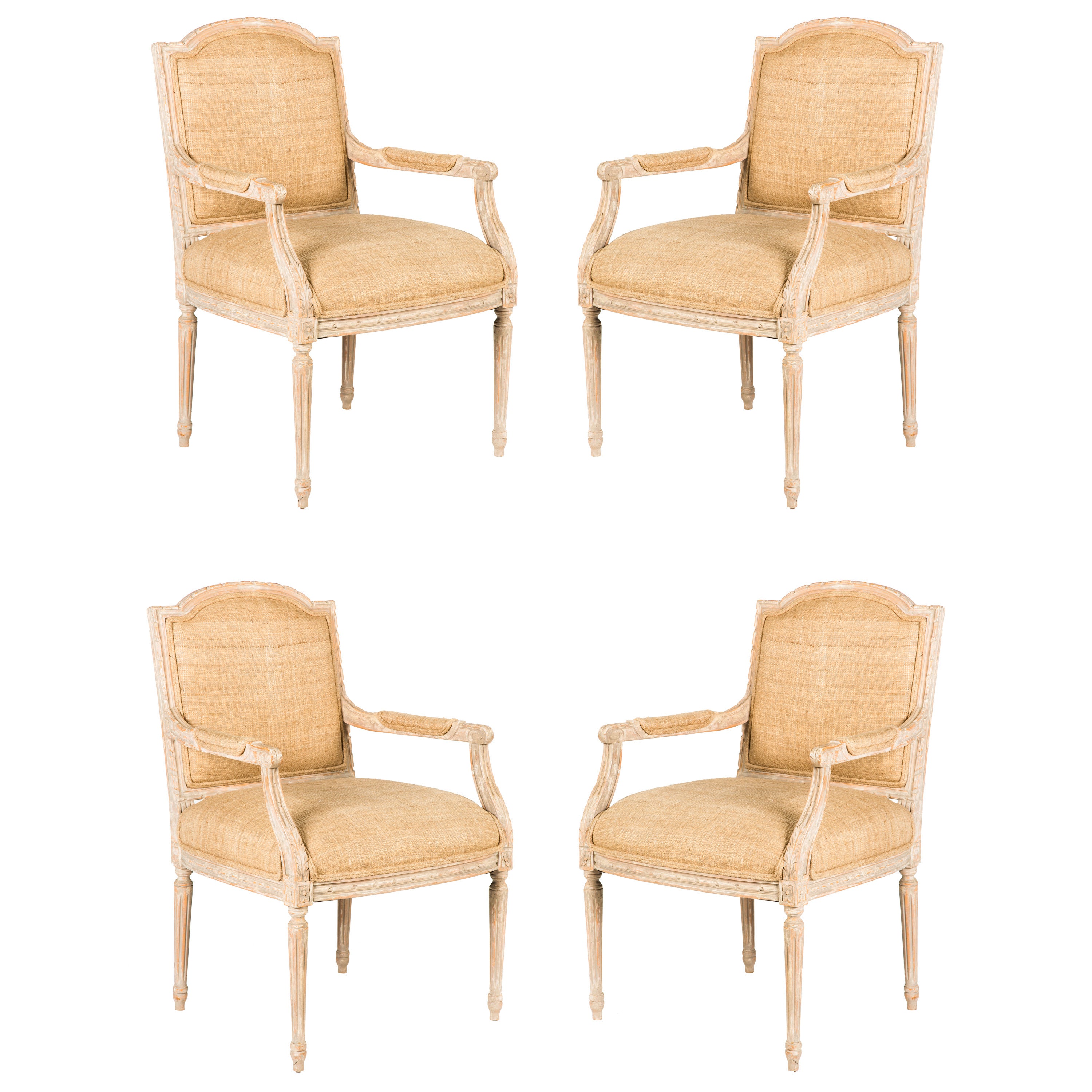 Four Armchairs Upholstered in Linen Silk For Sale