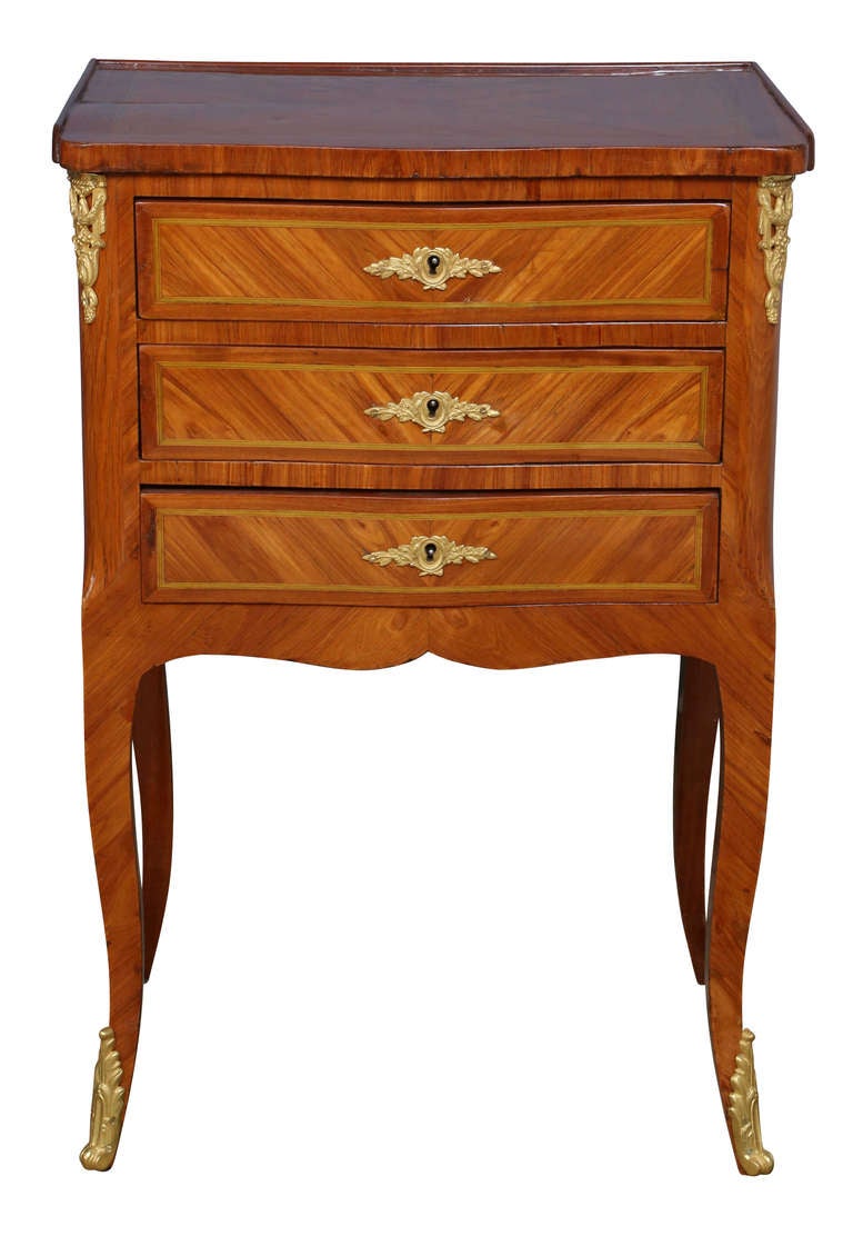 Bronze Circa 1890 Tulipwood Inlaid Marquetry Three Drawer Commode Side Table For Sale