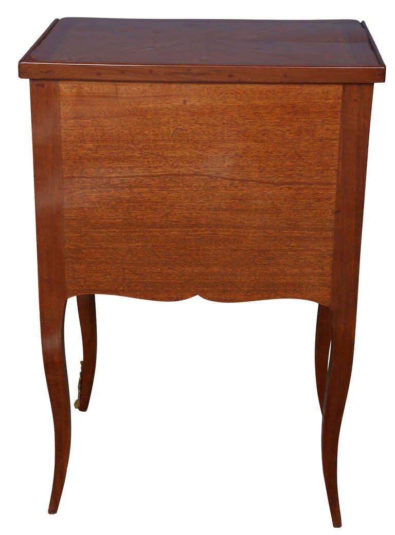 French Circa 1890 Tulipwood Inlaid Marquetry Three Drawer Commode Side Table For Sale