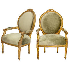 19th Century Pair of Louis XVI Style Gilt Fauteuil Chairs