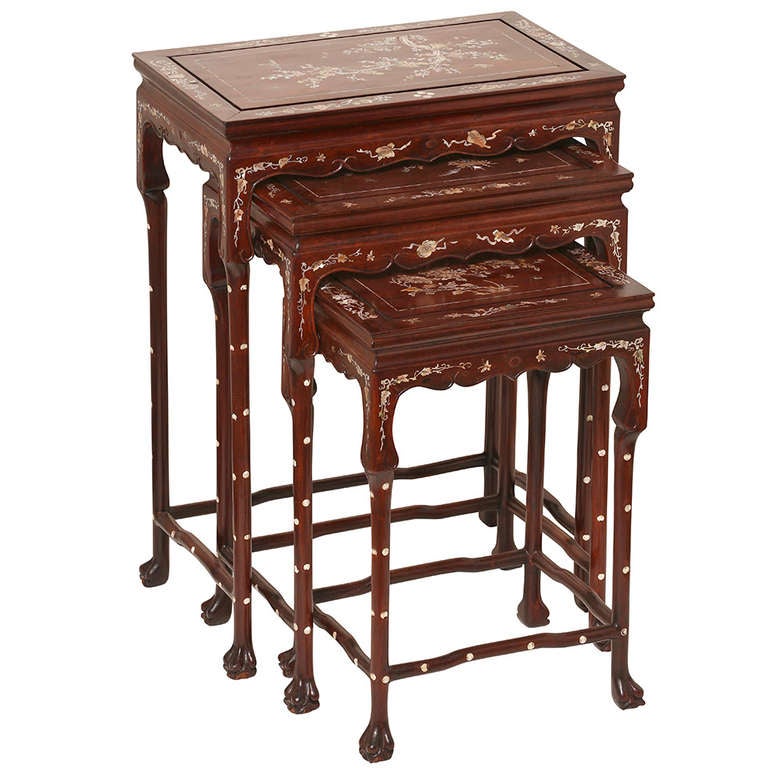Rosewood Mother of Pearl Inlaid Set of Three Stack NestingTables at 1stDibs