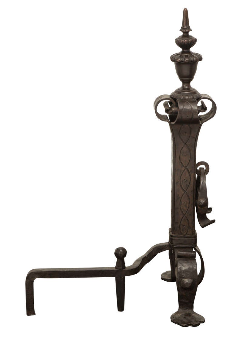 Grand Scale Antique Iron Andirons In Excellent Condition In Summerland, CA