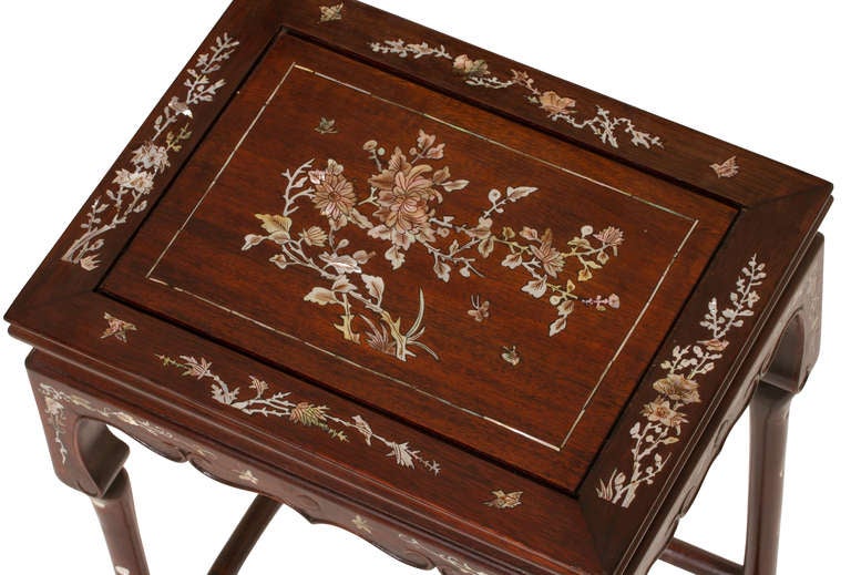 Mid-20th Century Rosewood Mother of Pearl Inlaid Set of Three Stack NestingTables