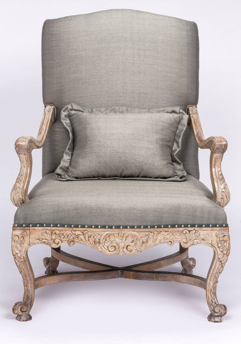 Italian French Louis XV Style Large Carved Wood Upholstered  Armchairs