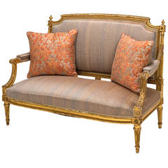 Antique French Gilt Settee Love Seat with Fortuny Pillows, 19 Century