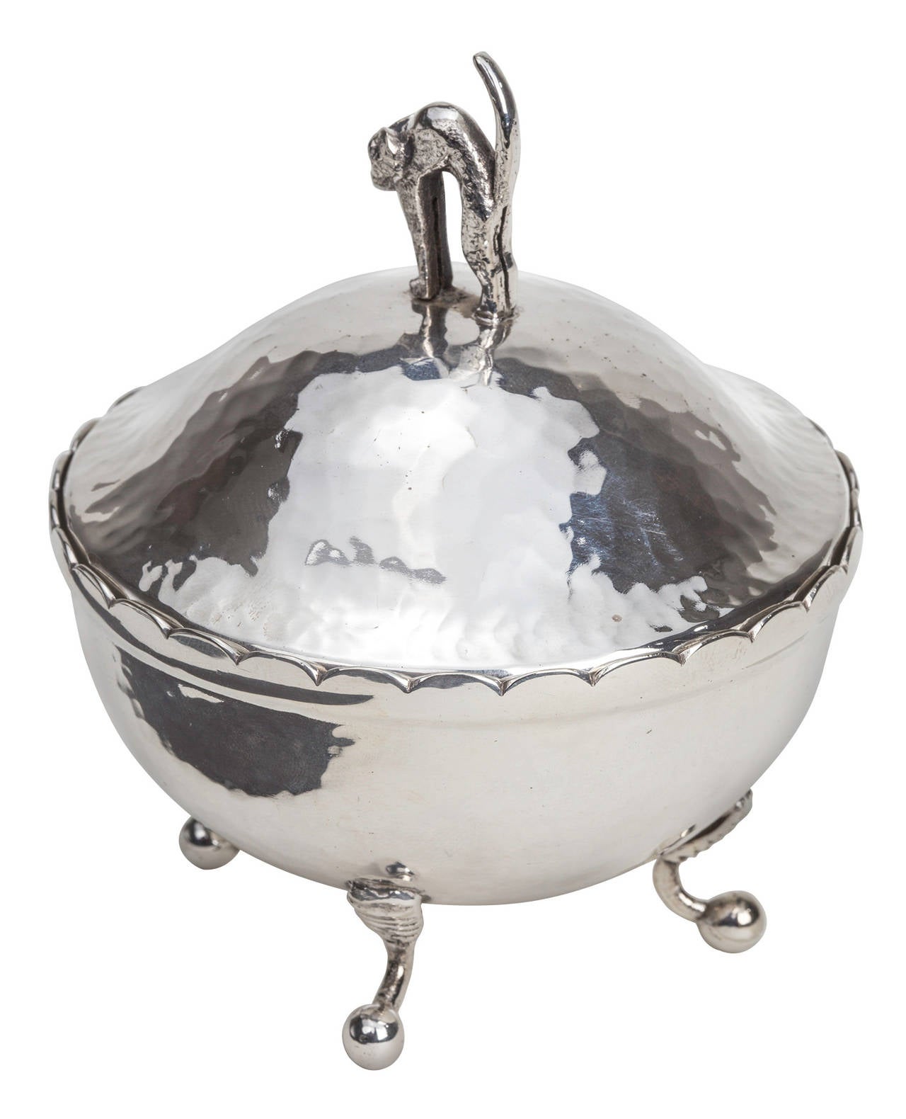 Hand-Crafted Decorative Box, Silver plate Cat lid Box For Sale