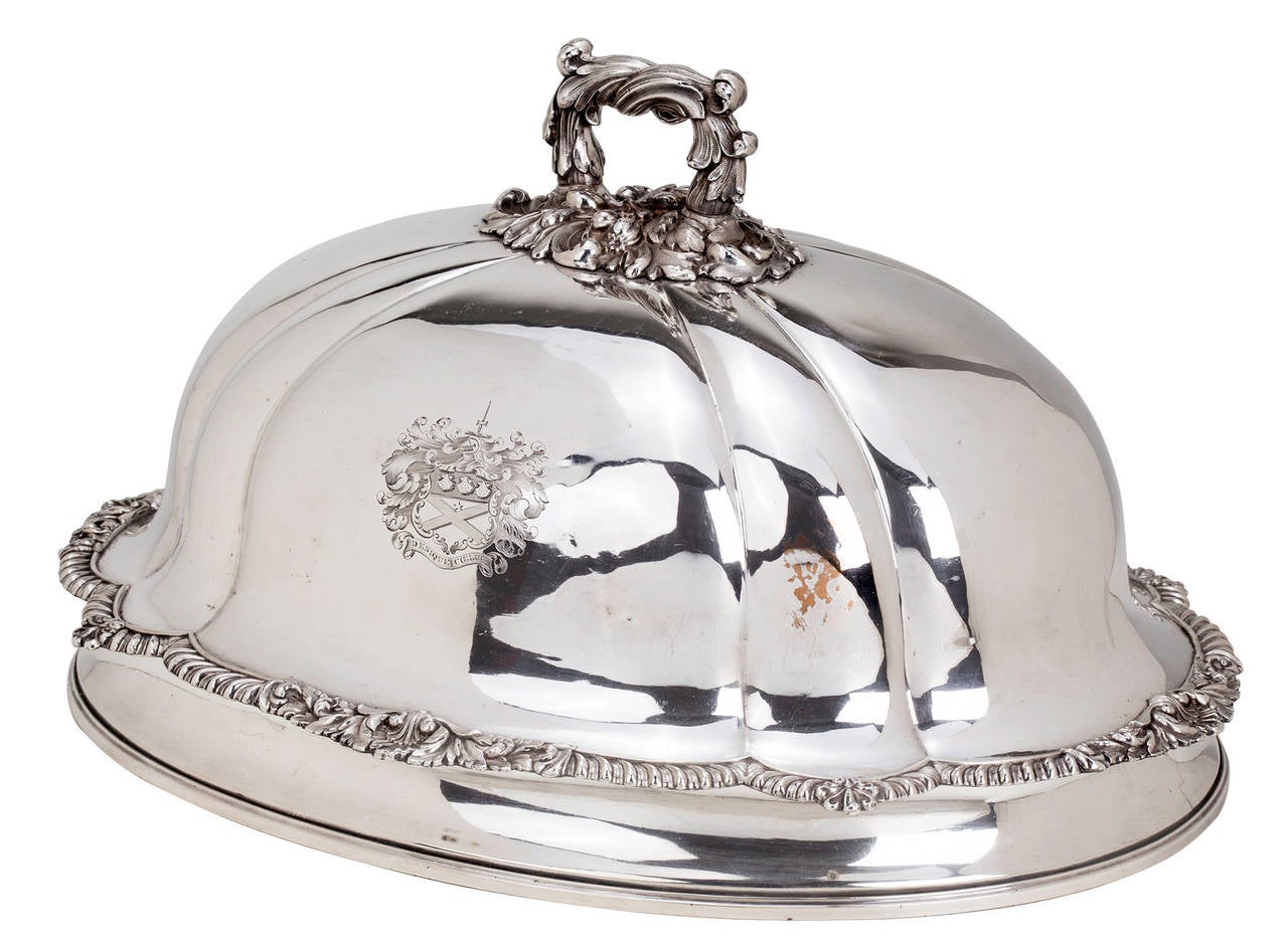 1900s, Sheffield.  Beautiful medium size silver plated dome cover.  Fluted dome shaped, top handle and trims in acanthus motif.  A small area of discoloration is visible in the photos, but does not significantly detract from the beauty.  Signia