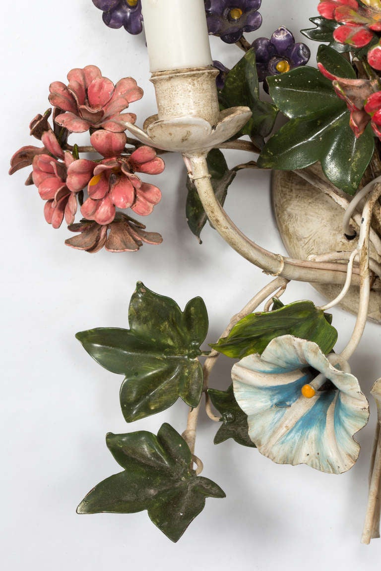 Pair of Enamel Floral Flower Wall Lamp Sconces at 1stDibs