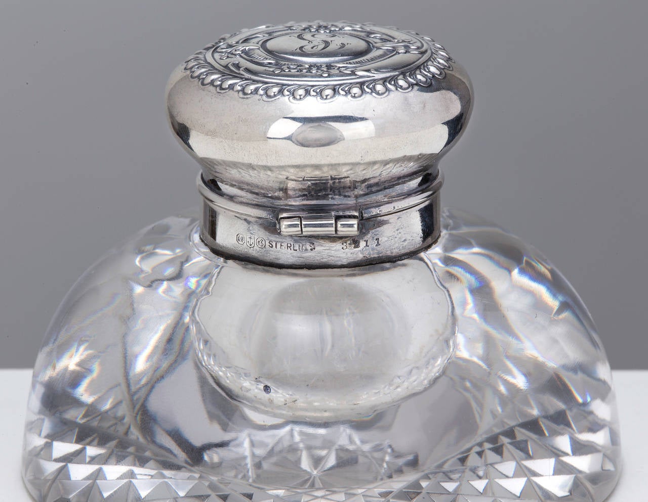 Inkwell, English Sterling Cap and Crystal  For Sale 2