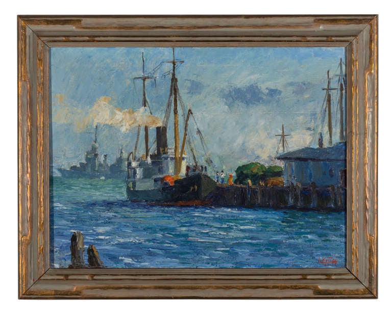 Louis Krupp.  Signed right lower corner L Krupp '39 in red.  Oil on canvas.  
Louis Krupp was born 1888-1978 in Bavaria, came to United States, studied in Chicago Art Institute.  He lived most of his life in Southern California. 
This harbor scene