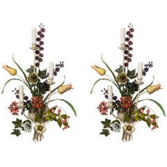 Pair of Enamel Floral Flower Wall Lamp Sconces