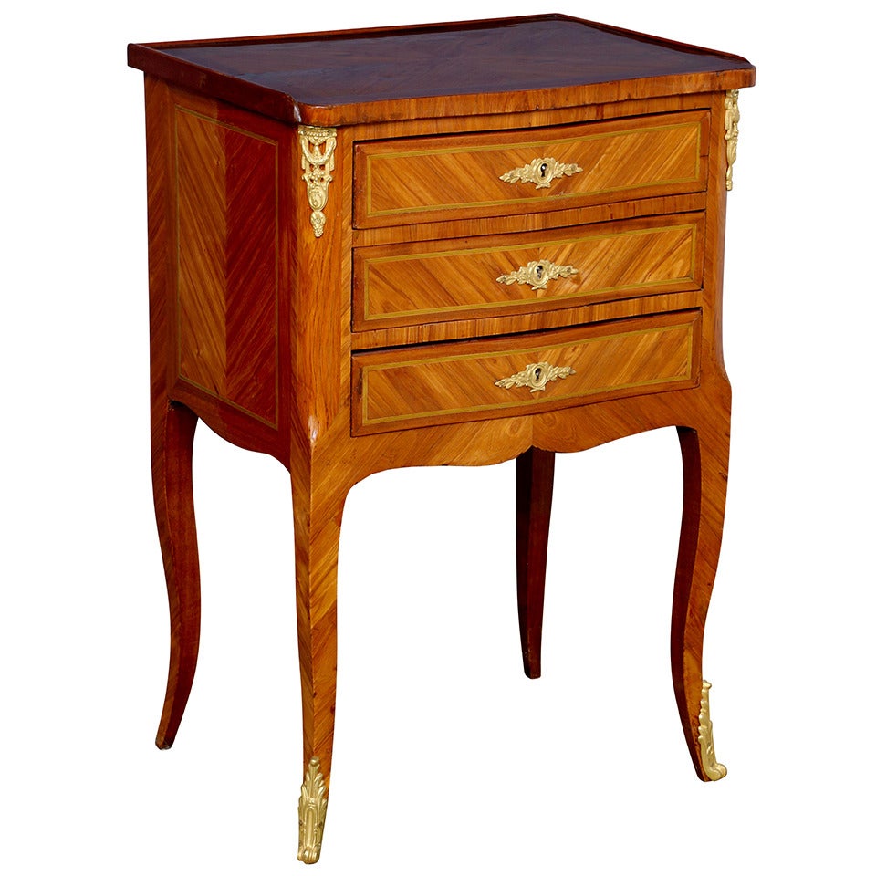 Circa 1890 Tulipwood Inlaid Marquetry Three Drawer Commode Side Table For Sale