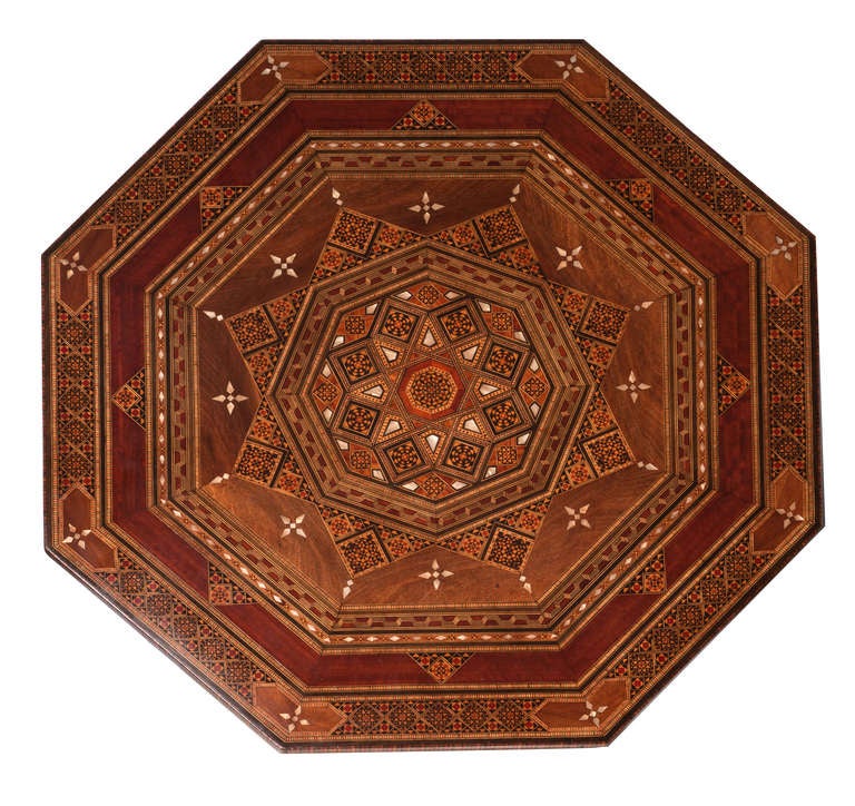 Octagon Round Marquetry Moroccan Pedestal Table In Excellent Condition In Summerland, CA
