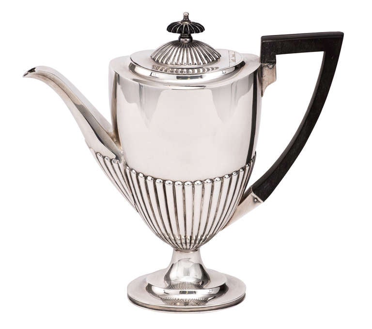 Beautiful 1930s Mappin Bros. silver plate (ribbed design) tea set with black ebony wood handles.   Hot water pot on stand, coffee and tea pot, creamer, sugar, all on fabulous wood lined tray with handles. Six piece set.  Tray, 26x17x3