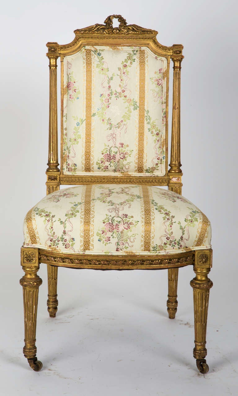 19th Century Pair of Louis XVI Style French Gilt Upholstered Chairs In Excellent Condition In Summerland, CA