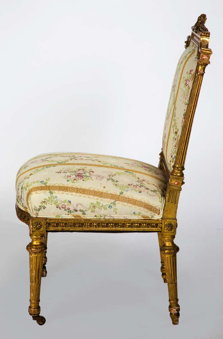 19th Century Pair of Louis XVI Style French Gilt Upholstered Chairs 1