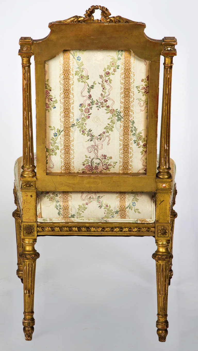 19th Century Pair of Louis XVI Style French Gilt Upholstered Chairs 2