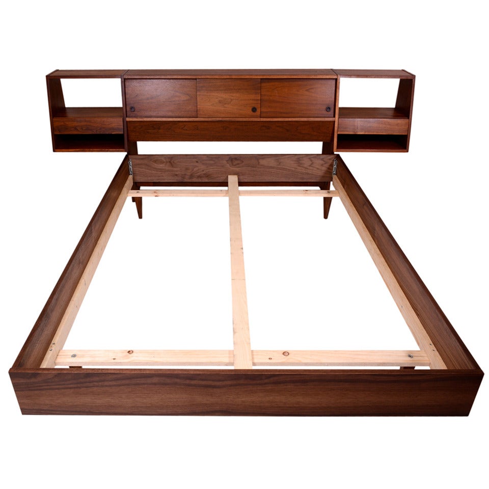 Full Size Platform Bed with Floating Nightstands Walnut Wood.