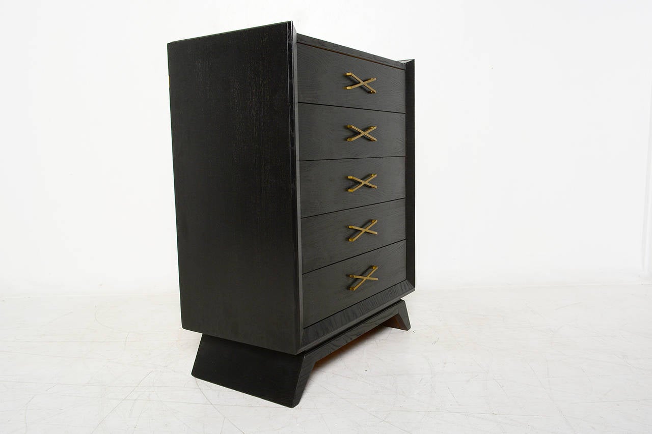 Brass Ebonized Highboy In The Manner of Paul Frankl.
