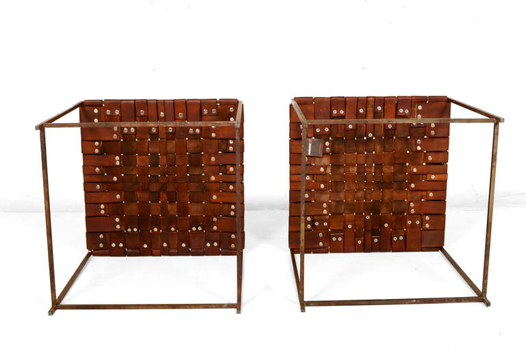 Pair of Leather & Iron Stools 2