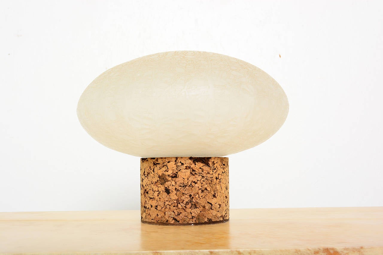 For your consideration a very rare lamp with cork base and custom glass  shade.