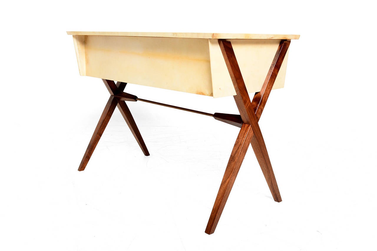 Mid-Century Modern Decorative Desk in Parchment and Walnut by Baumritter, New York