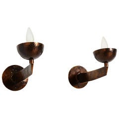 Mid Century Modern Pair of Italian Wall Sconces Hammered Brass 12