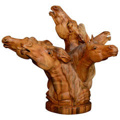 Five Horse Heads Wood Sculpture