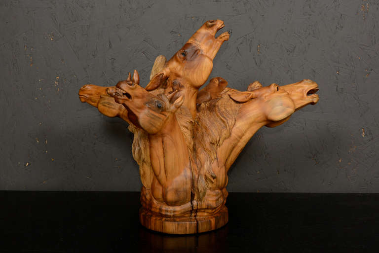 Unknown Five Horse Heads Wood Sculpture