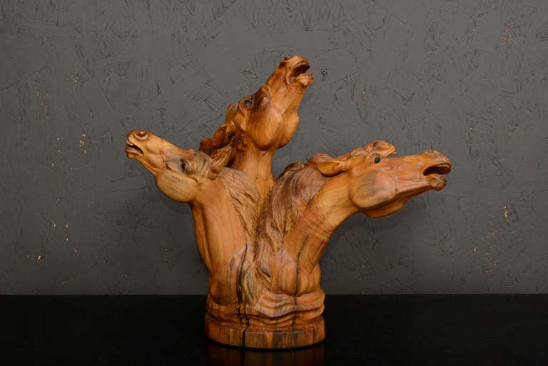 Mid-20th Century Five Horse Heads Wood Sculpture