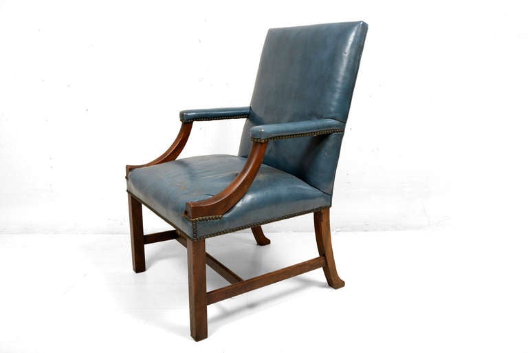 For your consideration library chairs (five are available). Williamsburg Division by Kittinger.  Solid mahogany wood frame with original blue leather and brass nails.  Stamped in lower right leg with Kittinger stamp.  Original blue leather. There