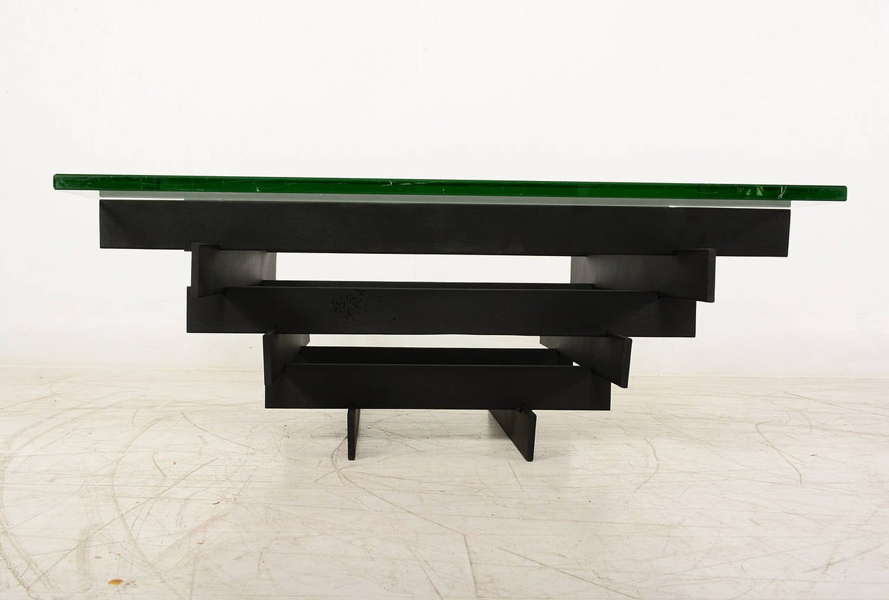 For your consideration a set of coffee table and paid of side tables.

Powder coated in flat black finish. 
Side tables 24