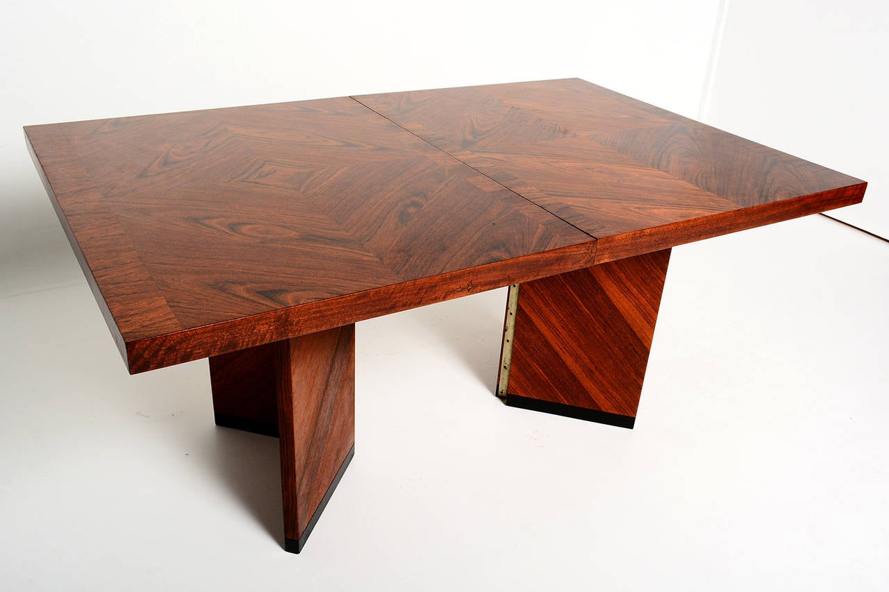 For your consideration a mid century modern dining table by LANE.
Walnut wood veneer in unusual diagonal pattern. 

Legs can be removed for safe and easy shipping. 

Clean modern lines. Freshly restored in excellent condition.

Table