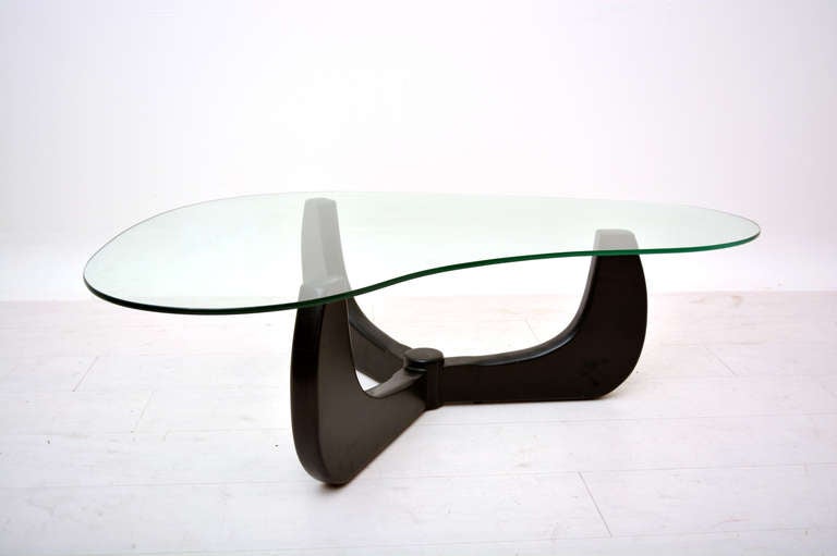 For your consideration a Mid-Century Modern coffee table base, constructed with solid wood. Restored in black. Glass for display only. Glass not for sale. Attributed in style to Noguchi, there is no label. No information is available from the maker.