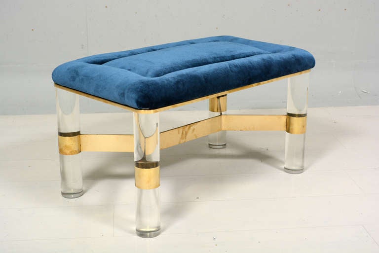 For your consideration a brass and lucite bench with blue indigo blue velvet fabric.
Unsigned.