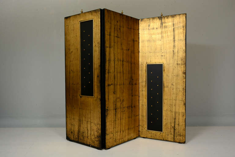 Mid-Century Modern 1950s Parchment & Gold Leaf 3 Panel Screen Room Divider by Arturo Pani