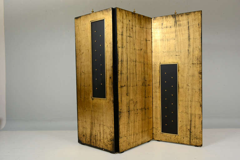 Mexican 1950s Parchment & Gold Leaf 3 Panel Screen Room Divider by Arturo Pani