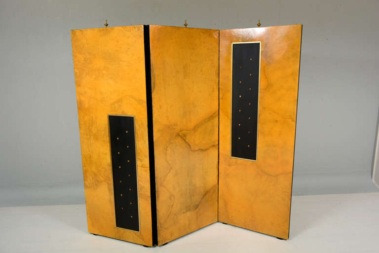 Screen or room divider by Mexican Designer Arturo Pani. Three panel screen with parchment on one side and gold leaf on the other. Bronze applications on top and side panel.
Original vintage condition good. Parchment has previous restorations.
Wear