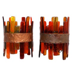 Pair of Mexican Color Glass Hanging Lamps