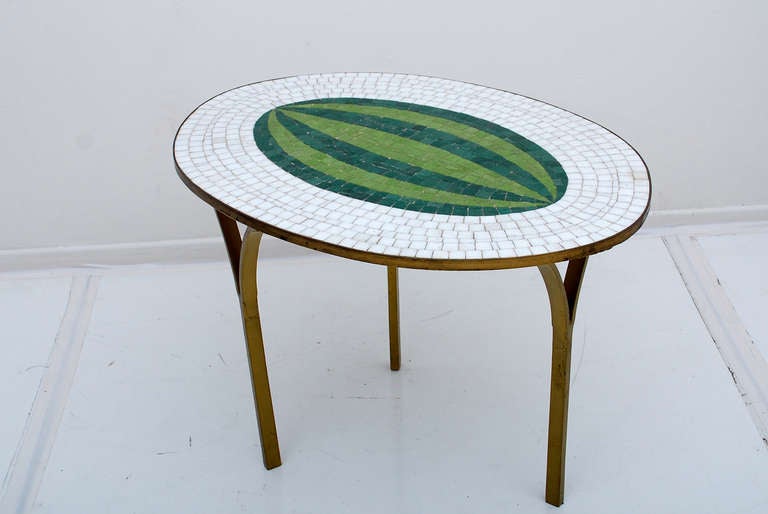 Italian Side Table Brass Legs Oval Mosaic Murano Tiles