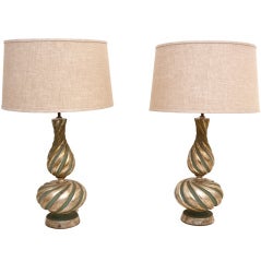 Vintage Mexican Modernist Pair of Table Lamps Solid Mahogany with Silver Leaf